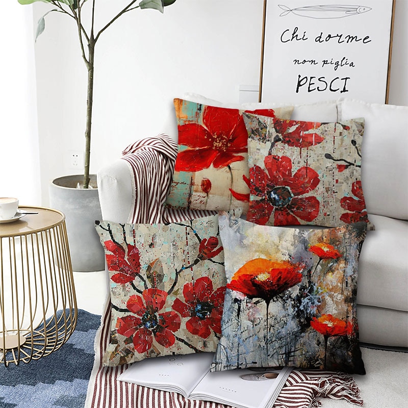Set of 4 Artistic Flowers Square Decorative Throw Pillow Cases Sofa Cushion Covers  Home Sofa Decorative  Faux Linen Cushion Cover for Sofa Couch Bed Chair Red3
