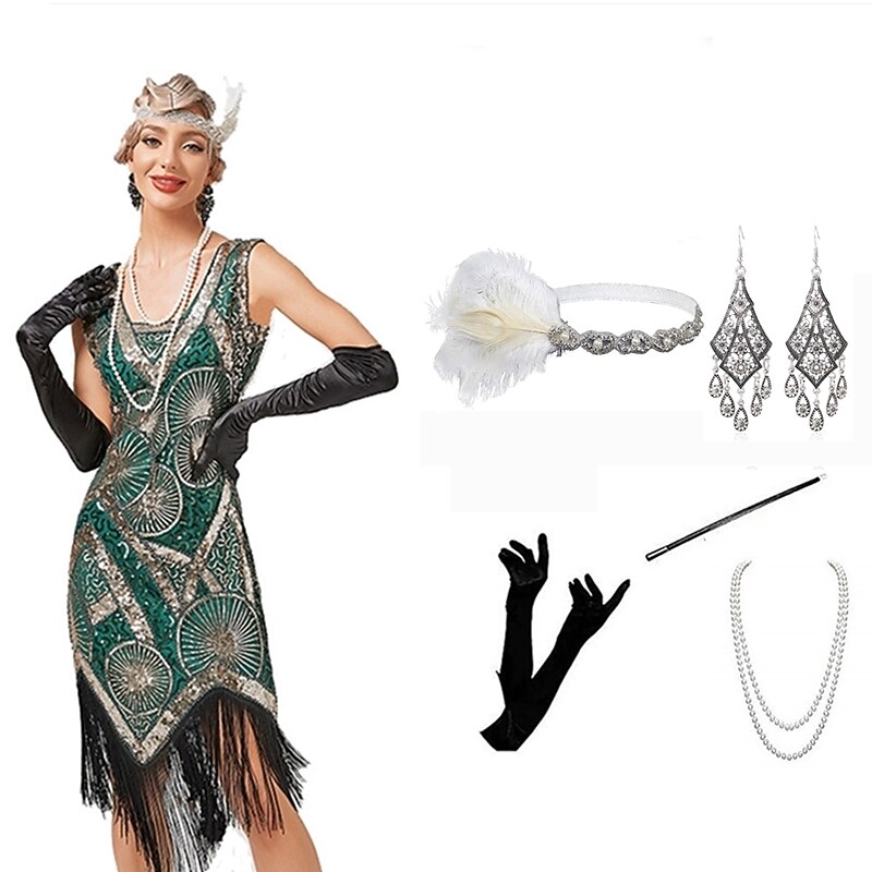 Roaring 20s The Great Gatsby Short Length Flapper Dress Dress Outfits Sleeveless The Great Gatsby Wedding Guest Sequins Tassel Fringe Sequin Tassel V Wire Fancy Dress Women's Halloween Masquerade3