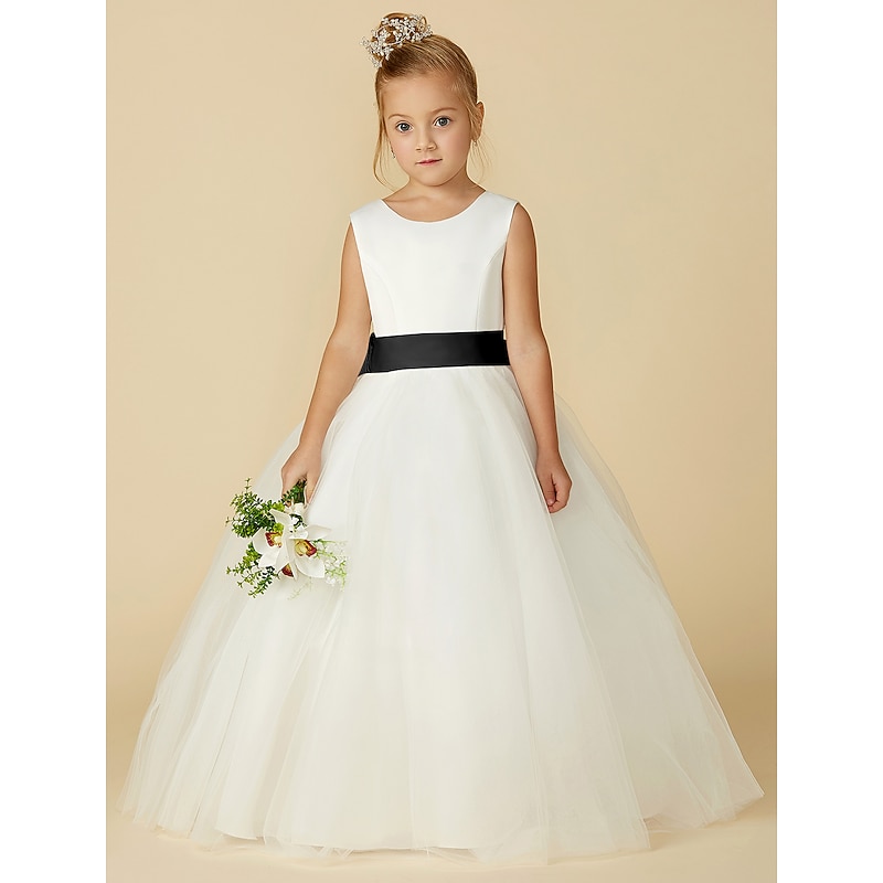 A-Line Floor Length Flower Girl Dress First Communion Girls Cute Prom Dress Satin with Sash / Ribbon Elegant Fit 3-16 Years dress to impress3