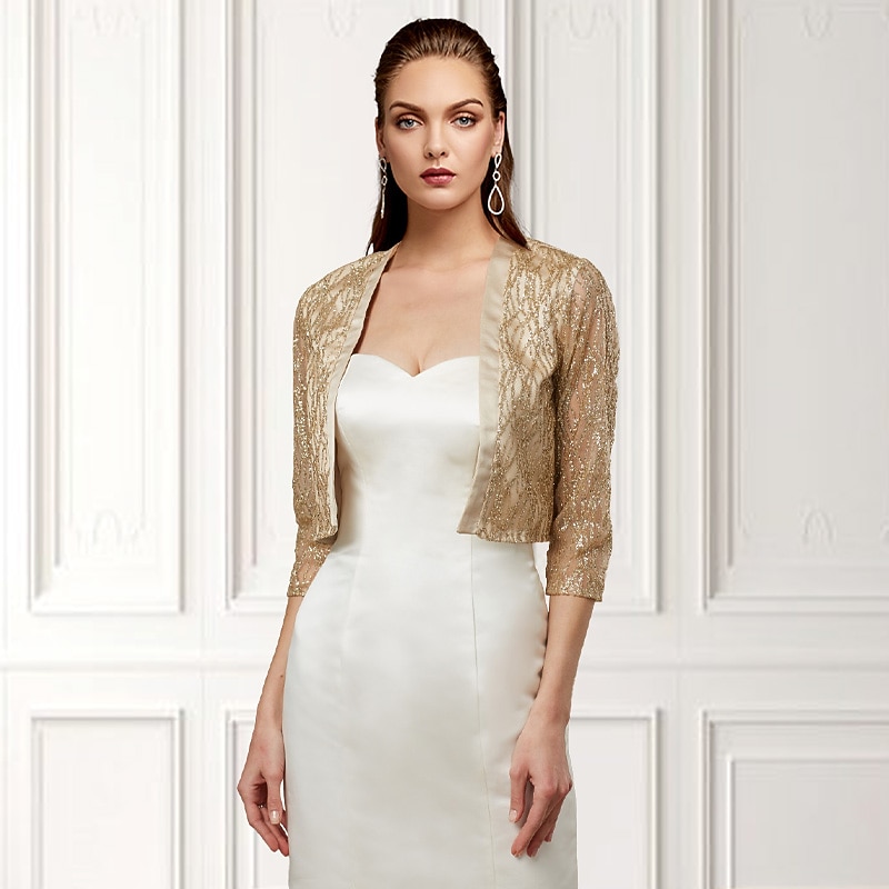 Women's Wrap Sparkle Bolero Elegant & Luxurious Shine 3/4 Length Sleeve Sequined Wedding Guest Wraps With Paillette For Wedding Spring &  Fall dress to impress