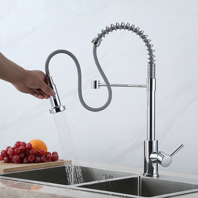 Kitchen Faucets 304 Stainless Steel Single Handle Single Lever Pull Down Sprayer Spring Kitchen Sink Faucet Brushed Nickel - Main Image