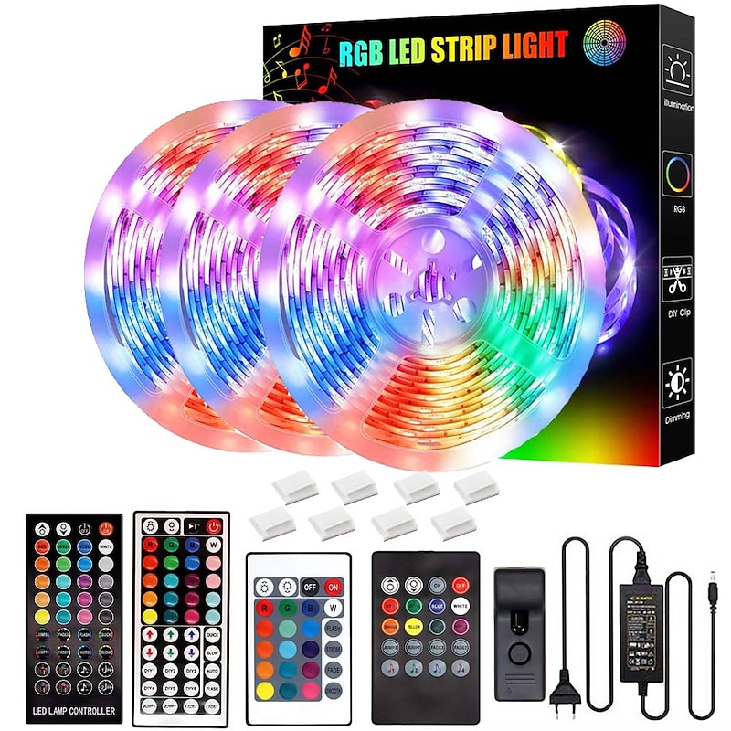 LED Smart Strip Lights 10M 20M 30M RGB Music Sync 12V  LED Strip 5050 SMD Color Changing LED Light with Bluetooth Controller Adapter for Bedroom Home TV Back Light DIY Decor