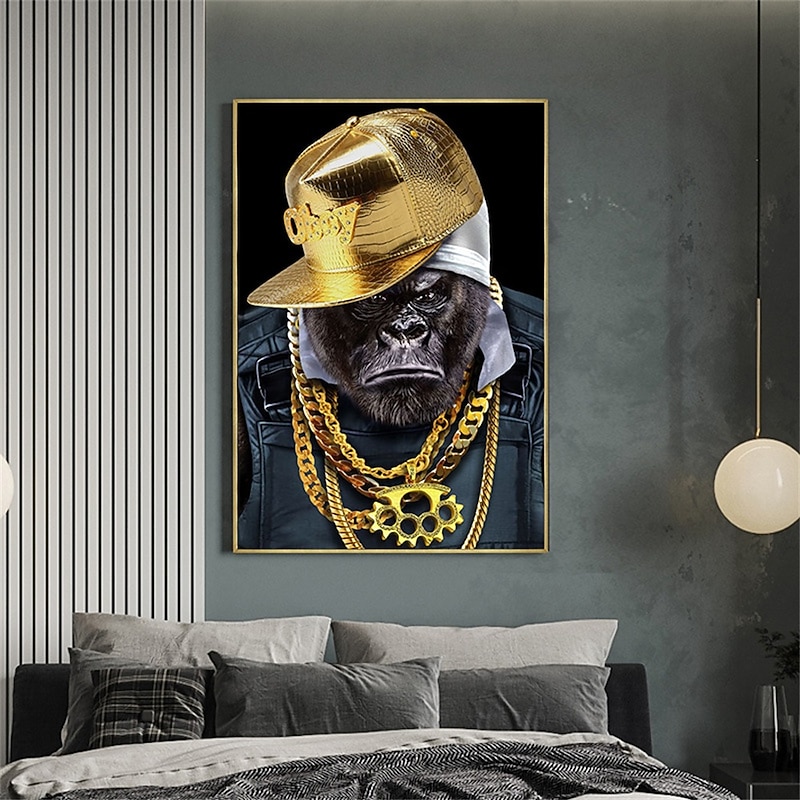1 Panel Animal Prints Gorilla Wearing Gold Chain Modern Wall Art Wall Hanging Gift Home Decoration Rolled Canvas Unframed Unstretched Painting Core4