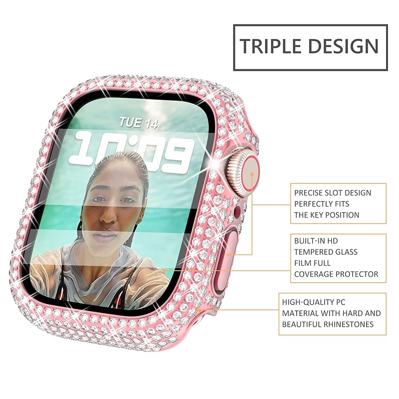 3 Pack Watch Case with Screen Protector Compatible with Apple Watch Series 8 7 41mm 45mm / Series 6 5 4 SE 40mm 44mm / Series 3 2 1 38mm 42mm Scratch Resistant Bling Diamond Rugged Tempered Glass / PC4