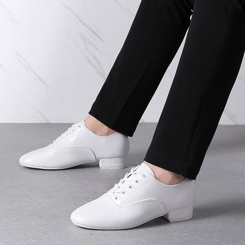 Men's White Faux Leather Lace-Up Ballroom Dance Shoes – Low Heel Performance Footwear for Latin, Waltz & Practice Sessions3
