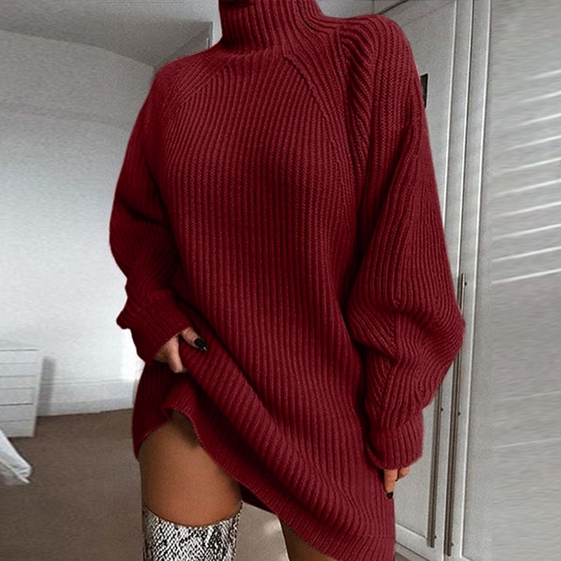 Women's Sweater Dress Knit Dress Jumper Dress Mini Dress Knitwear Stylish Basic Print Pure Color Winter Dress Daily Holiday Fall Dress Turtleneck Long Sleeve Knit 2023 Loose Fit Pink Wine Light Grey4