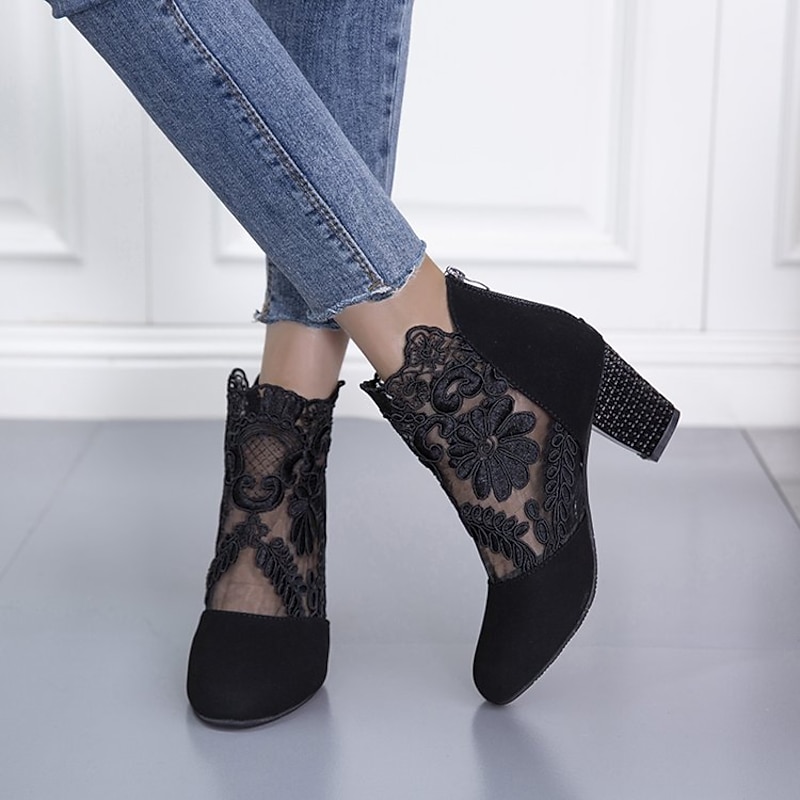 Women's Black Lace Embroidered Ankle Boots with Block Heel - Elegant Footwear for Evening Events2