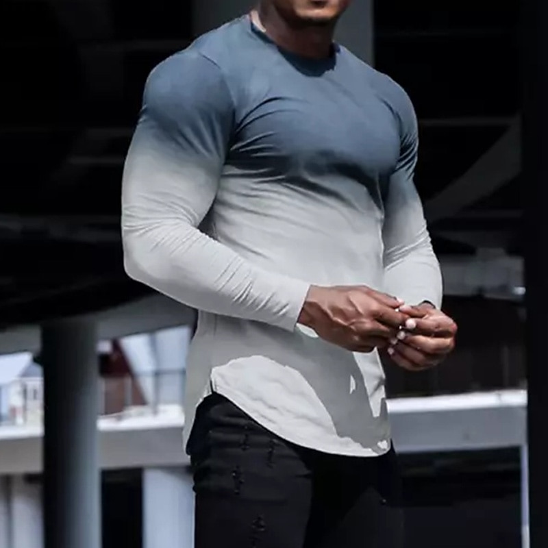 Men's T Shirt Cool Shirt Long Sleeve Shirt Long Sleeve Crew Neck Spring &  Fall Gradient Simple Casual Comfortable Vacation Street Holiday Dark Gray Brown Blue-White Top Tee for Men2