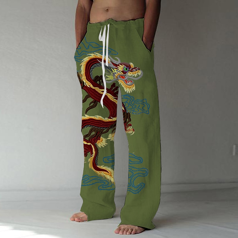 Men's Trousers Summer Pants Beach Pants Elastic Drawstring Design Front Pocket Straight Leg Dragon Graphic Prints Comfort Soft Casual Daily Fashion Big and Tall White Green2