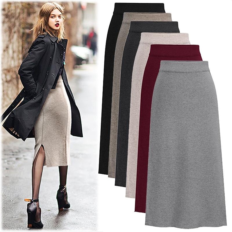 Women's Skirt Pencil Work Skirts Fashion Basic Casual Midi Skirts Solid Colored Split Knitting Office / Career Street caramel Black Wine khaki Autumn / Fall Woolen4