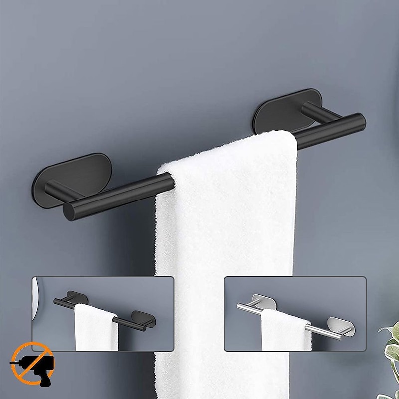 Towel Bar/Bathroom Shelf Self-adhesive Wall Mounted Stainless Steel Matte Black/Brushed Nickel,Adjustable Length Contemporary Modern Low-carbon Steel Metal Bathroom Decoration1pc