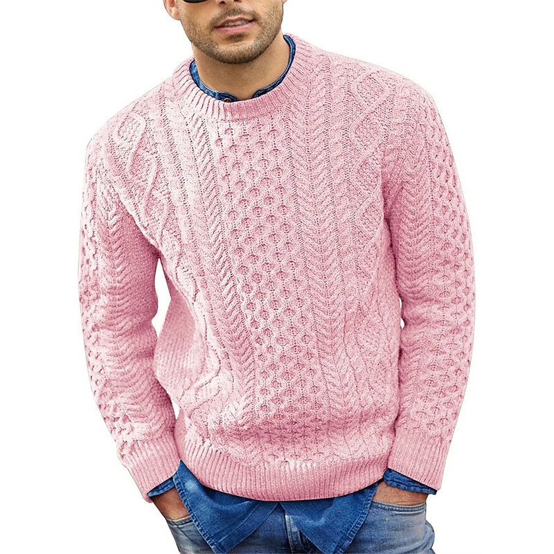 Men's Sweater Pullover Sweater Jumper Dress Sweater Ribbed Cable Knit Cropped Knitted Crew Neck Going out Weekend Clothing Apparel Fall Winter Black Pink M L XL2