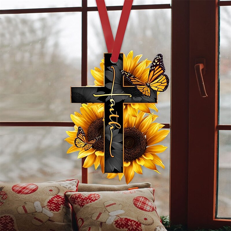 Cross Wing God Faith Rose Rosy Butterfly Christian Memorial Jesus Car Rear View Mirror Accessories Christmas Tree Ornament Decoration Hanging Charm Interior Rearview Pendant Decor Gift3