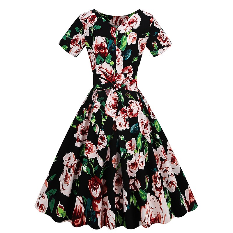 Retro Vintage 1950s Knee Length Swing Dress Flare Dress Floral Print Round Neck Fancy Dress Women's Masquerade Party Tea Party Casual Daily Adults' Dress Homecoming Dresses3
