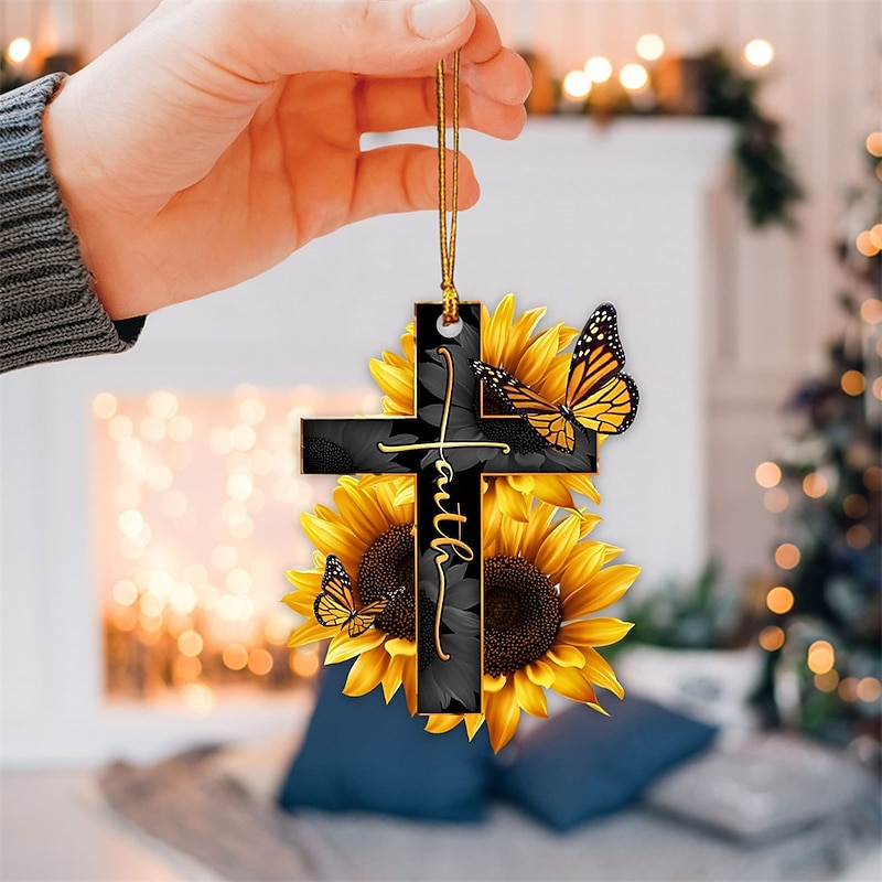 Cross Wing God Faith Rose Rosy Butterfly Christian Memorial Jesus Car Rear View Mirror Accessories Christmas Tree Ornament Decoration Hanging Charm Interior Rearview Pendant Decor Gift4