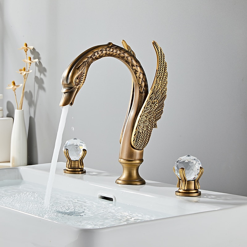 Widespread Bathroom Sink Mixer Faucet Swan Shape, Vintage Brass 3 Hole 2 Handle Basin Tap Deck Mounted, Washroom Basin Vessel Water Tap with Hot and Cold Hose2