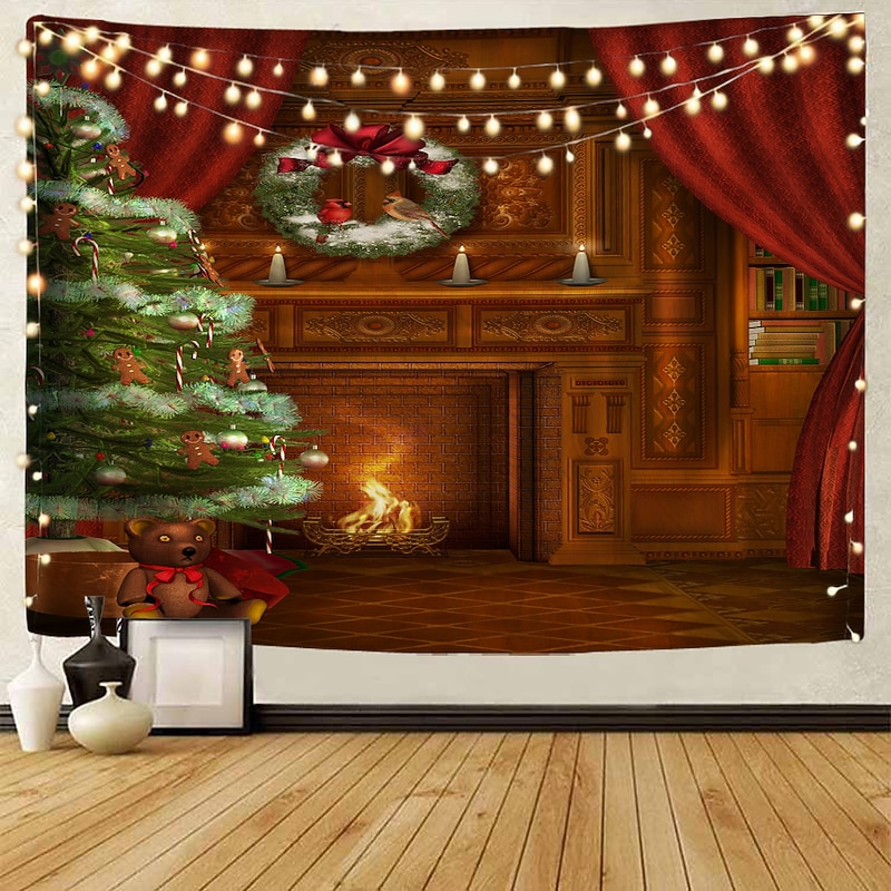 Christmas Decorations Santa Claus Christmas Tree Holiday Party Xmas Large Wall Tapestry Art Decor Photo Background Backdrop Blanket Hanging Home Bedroom Living Room Fireplace Stocking Gift Polyester3