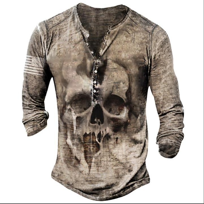 Men's Halloween Graphic Skull T Shirt Henley Shirt Tee Long Sleeve 3D Print Designer Basic Classic Outdoor Daily Sports Spring &  Fall Black White Yellow Brown Gray Henley Henley T-Shirt3