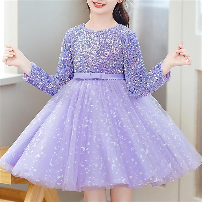 Kids Girls' Dress Solid Colored Long Sleeve Party Daily Sequins Bow Elegant Cute Polyester Knee-length Tulle Dress Spring Fall Winter 3-12 Years Purple