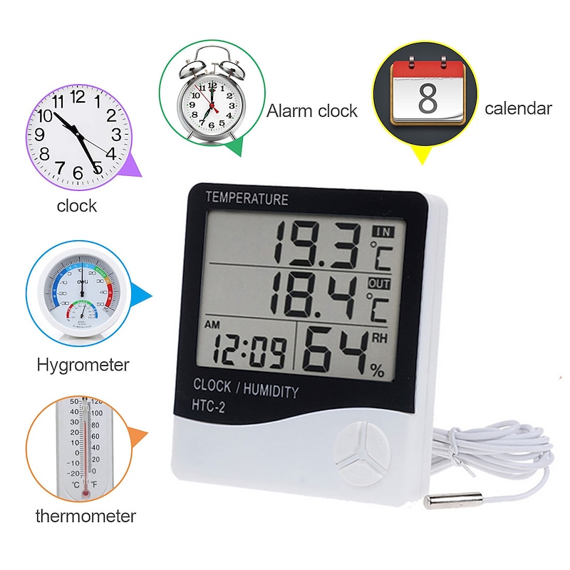 LCD Digital Temperature Humidity Meter Home Indoor Outdoor hygrometer thermometer Weather Station with Clock