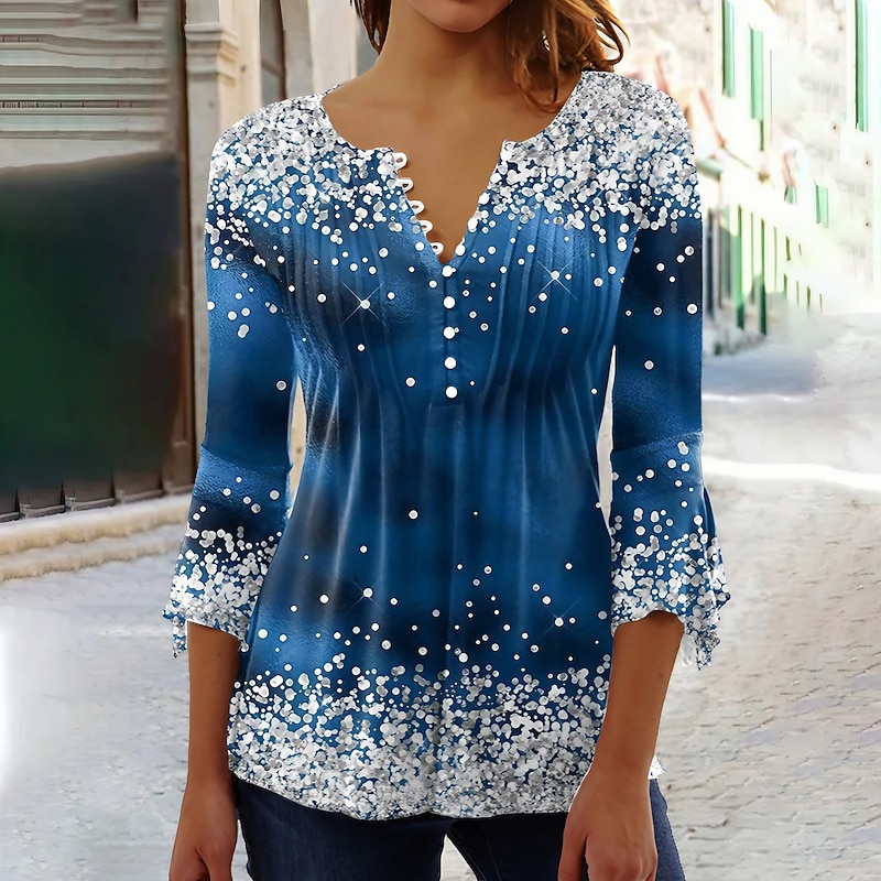 Women's T Shirt Plus Size Shirt T Shirt Henley Shirt Blouse Graphic Polka Dot Flower Basic Long Sleeve Round Neck Regular Tops Casual Weekend Buttons Print Denim Blue Grass Green Black Yellow Light