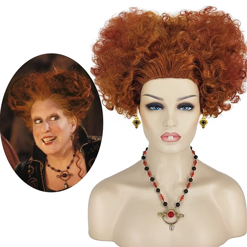 Ariker Winifred Sanderson Wig Curly Brown Hocus Pocus 2 Winifred  Wig for Women Sanderson Sisters  Accessories Witch Wig Without Teeth Necklace Earrings Halloween Wigs