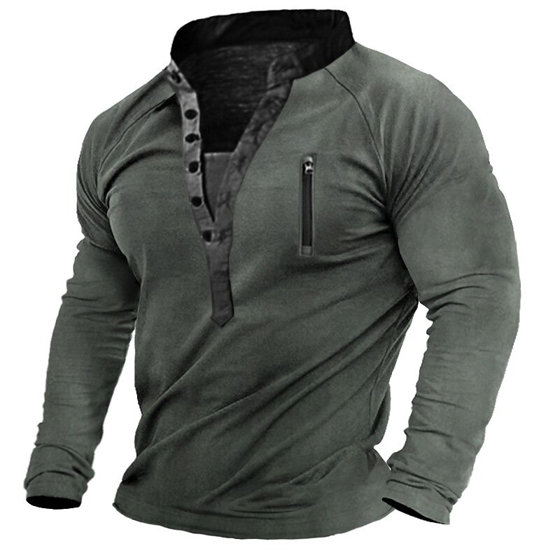 Men's Plus Size Big Tall T shirt Tee Henley Shirt Tee Stand Collar Dark Green Khaki Long Sleeve Outdoor Going out Front Zip Front Pocket Button-Down Plain Clothing Apparel Polyester Stylish Solid2