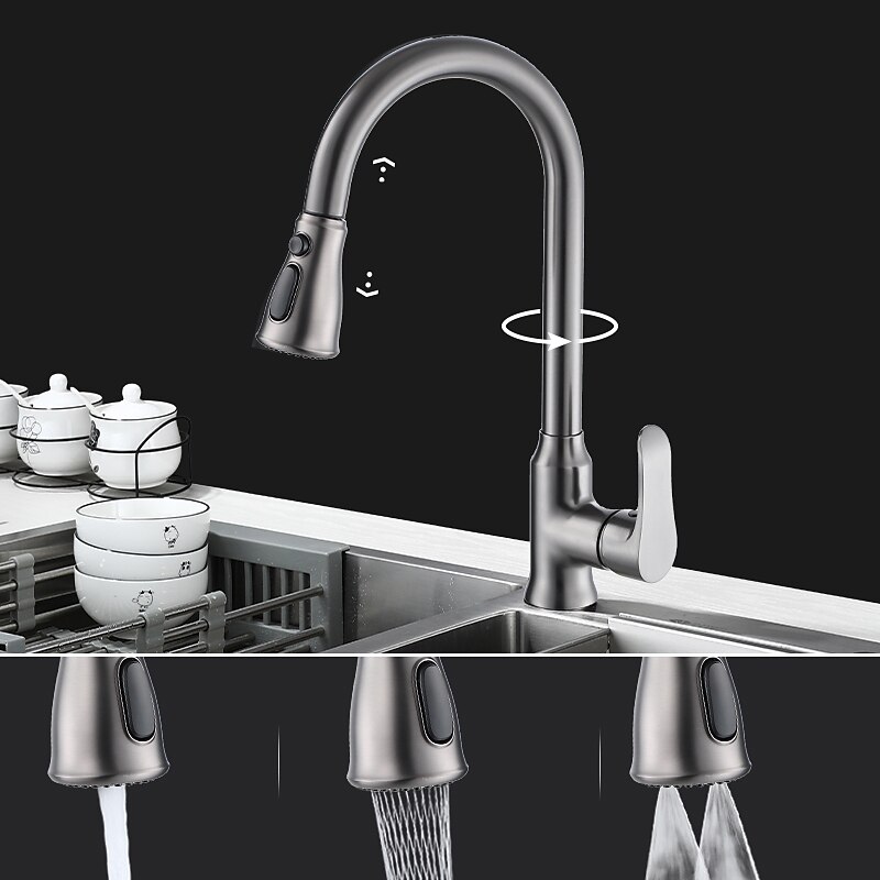 Kitchen Faucet with Pull-out Spray,Single Handle One Hole Brass High Arc 3-Modes Minimalist Style Kitchen Taps(Gun Grey/Black/Chrome)4