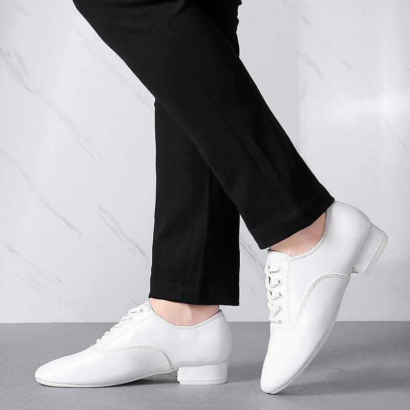 Men's White Faux Leather Lace-Up Ballroom Dance Shoes – Low Heel Performance Footwear for Latin, Waltz & Practice Sessions
