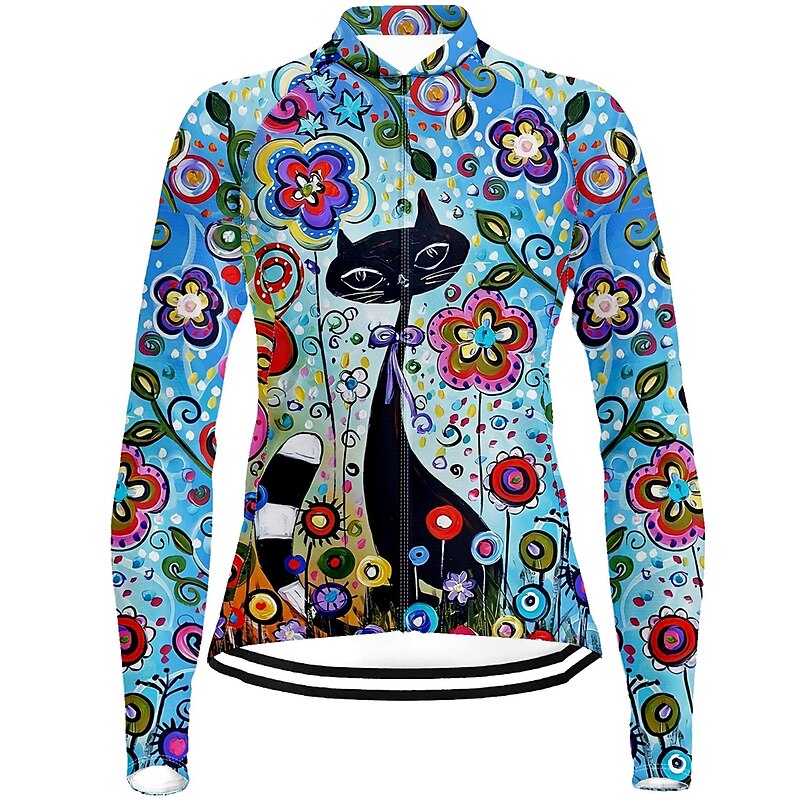 Women's Cycling Jersey Cat Floral Botanical Long Sleeve Bike Jersey Top with 3 Rear Pockets Mountain Bike MTB Road Bike Cycling Quick Dry Reflective Strips Back Pocket Moisture Wicking Sports Red