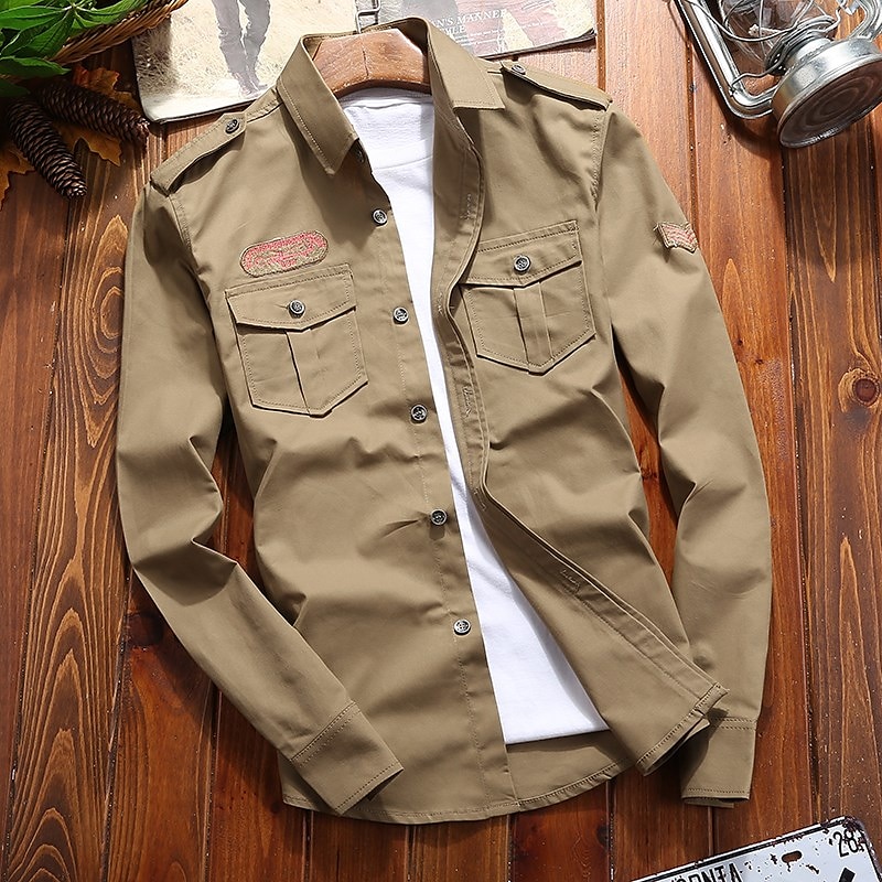 Men's Work Shirt Button Up Shirt Cargo Shirt Overshirt Army Green Royal Blue Khaki Long Sleeve Graphic Prints Classic Collar Work Camping & Hiking Embroidered Clothing Apparel 100% Cotton Casual2