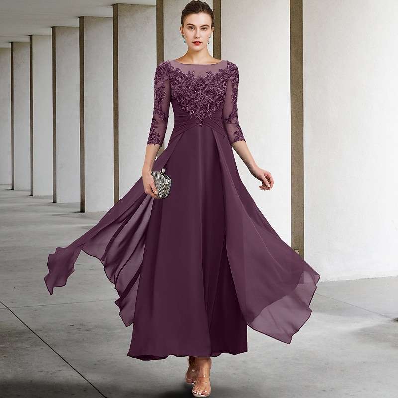 A-Line Mother of the Bride Dress Wedding Guest Elegant Plus Size Jewel Neck Ankle Length Chiffon Lace 3/4 Length Sleeve with Ruched Sequin Appliques