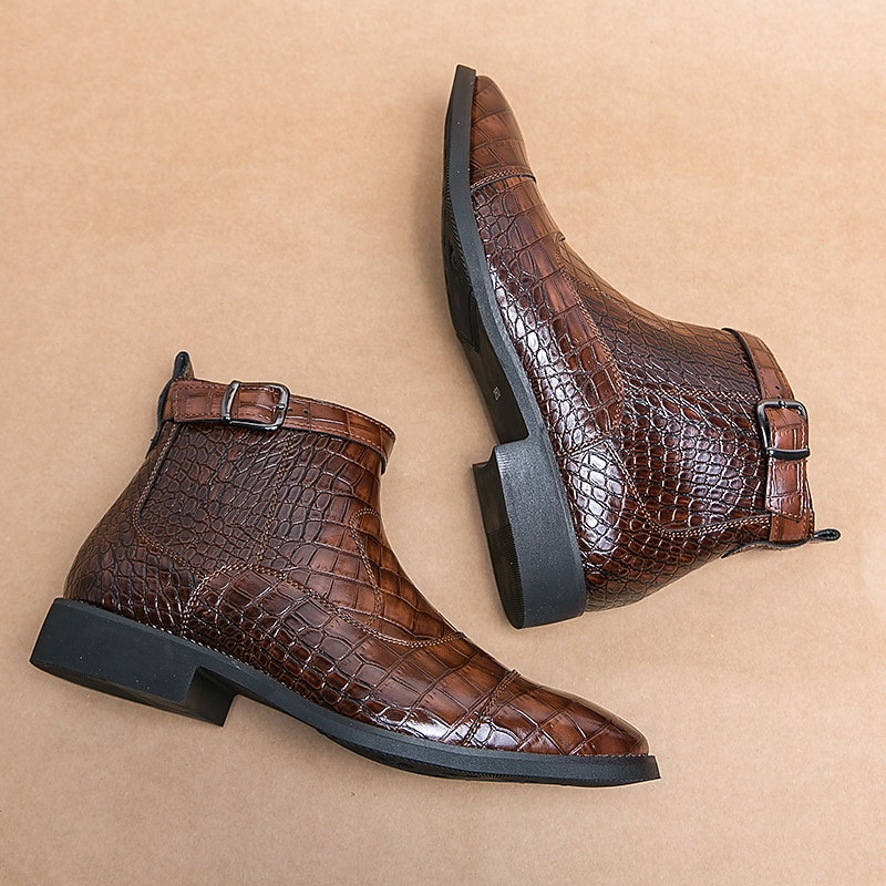 Men's Brown Crocodile Pattern Faux Leather Ankle Boots with Buckle and Side Zipper – Stylish Dress Boots for Formal and Casual Wear2