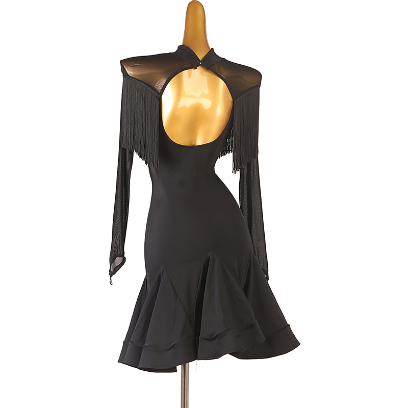 Latin Dance Dress Fringed Tassel Women's Training Performance Long Sleeve Chinlon Mesh2