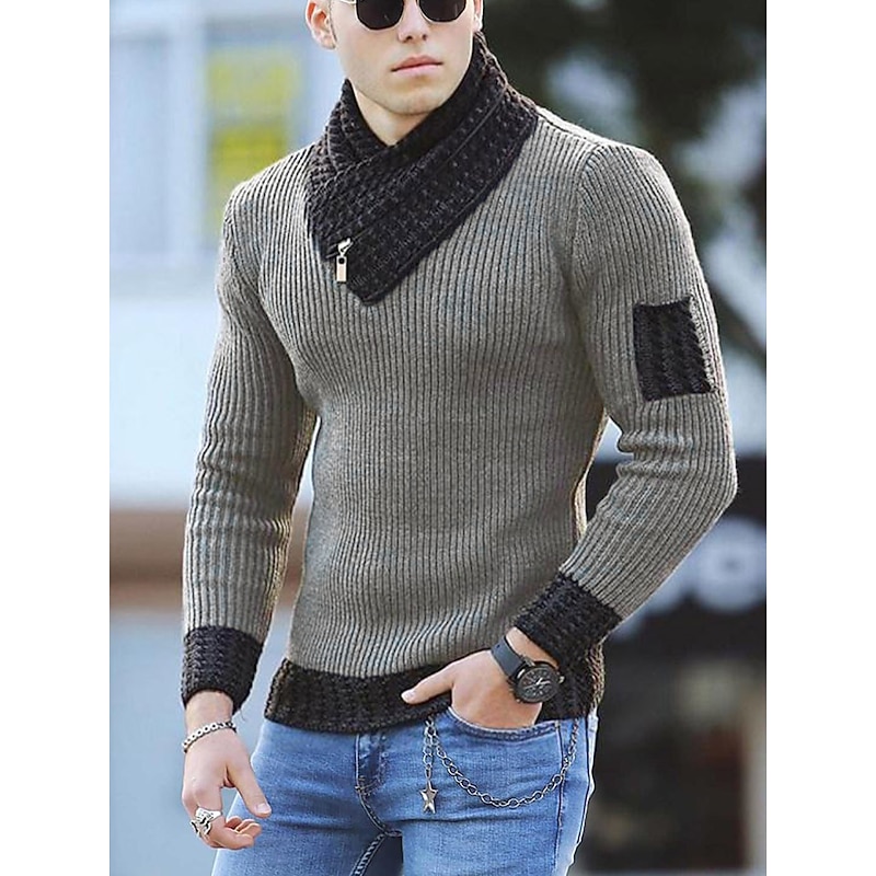 Men's Sweater Turtleneck Sweater Pullover Knit Knitted Color Block Ethnic Style Daily Clothing Apparel Winter Fall Black Khaki S M L2