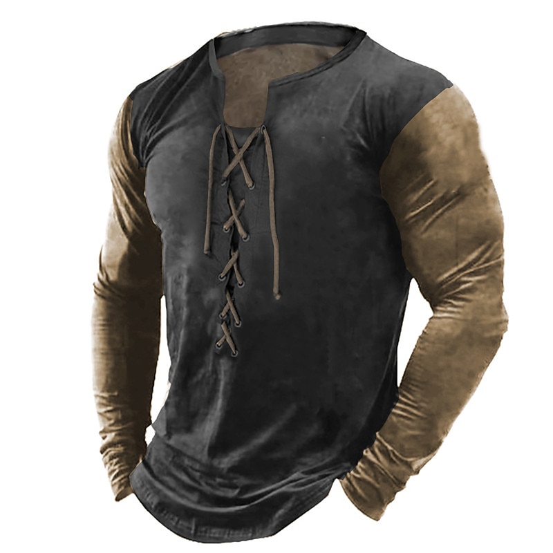 Men's T Shirt Long Sleeve Shirt Long Sleeve V Neck Spring &  Fall Color Block Raglan Sleeve Fashion Streetwear Designer Lace up Outdoor Vacation Street Army Green Brown Top Tee for Men2