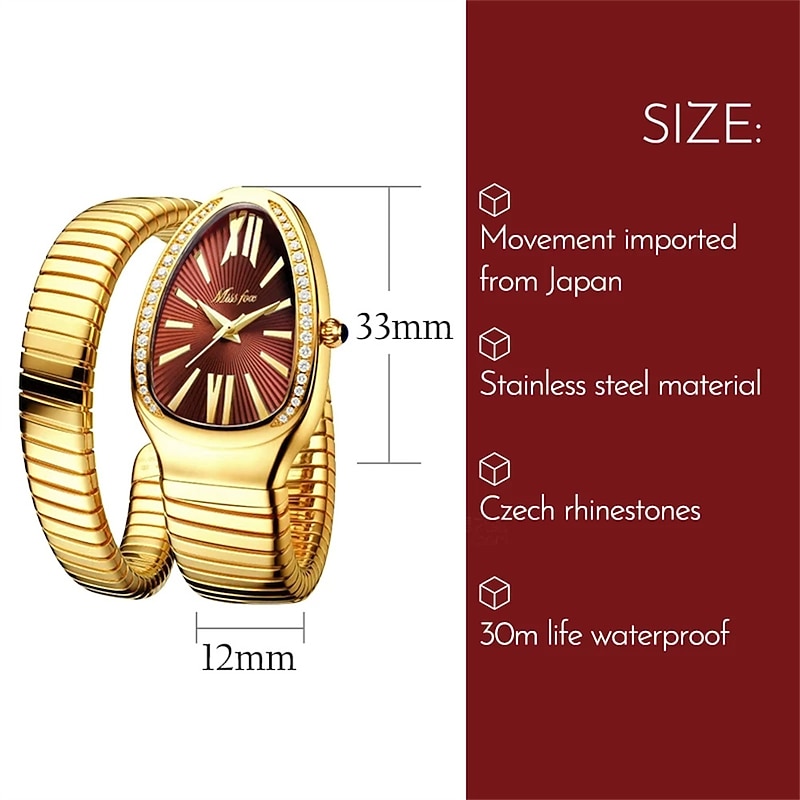 MISSFOX Women's Watches Snake Shape Luxury Wrist Watch For Women Steel Unique Gold Quartz Ladies Watch2