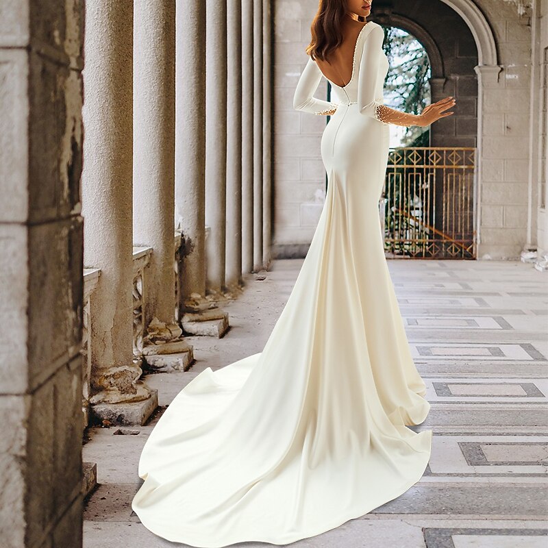 Formal Wedding Dresses Mermaid V Neck Long Sleeve Court Train Satin Bridal Gowns With Crystals Beading2