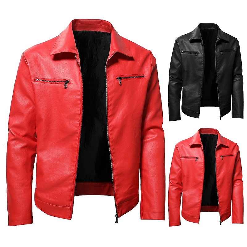 Men's Faux Leather Jacket Transition Jacket Biker Jacket Red Leather Jacket Party Casual Daily Thermal Warm Windproof Faux Fur Trim Fall Pure Color Punk Fashion Lapel Regular Faux Leather Slim Black