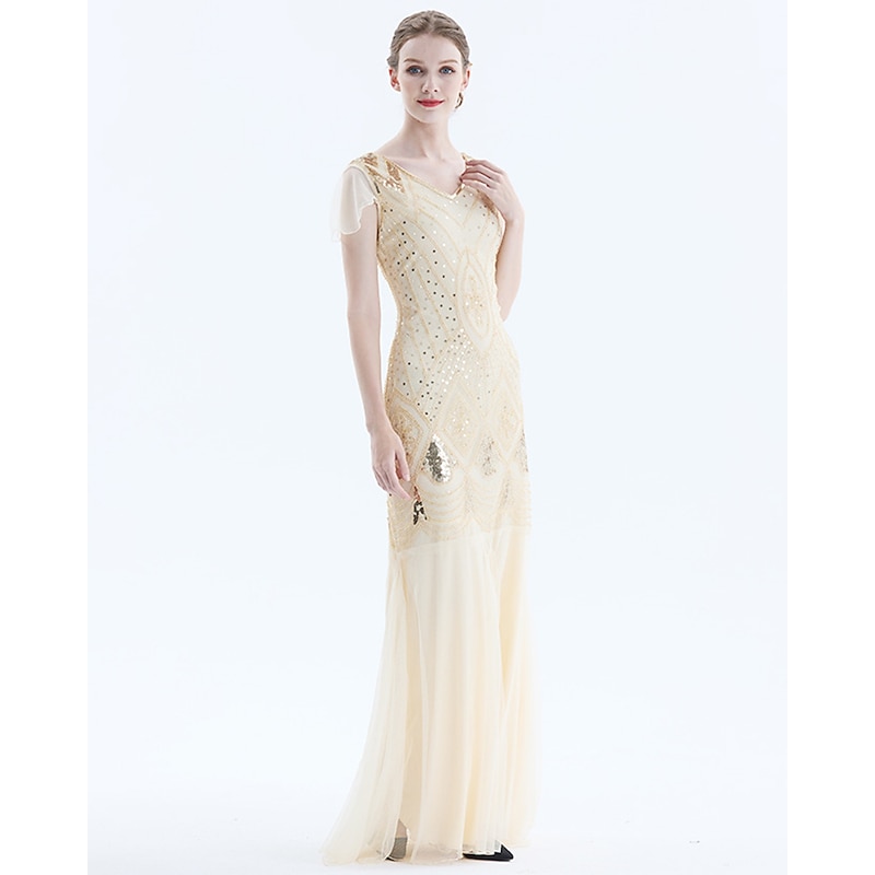 Roaring 20s 1920s Cocktail Dress Maxi Flapper Dress Dress Prom Dress Normal The Great Gatsby Charleston Wedding Guest Sequins Geometric Mermaid / Trumpet Deep V Fancy Dress Women's Halloween Carnival2