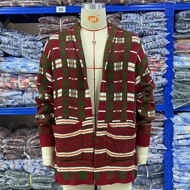 Men's Sweater Cardigan Sweater Ribbed Knit Cropped Knitted Plaid V Neck Stylish Basic Outdoor Daily Clothing Apparel Fall Winter Red M L XL3