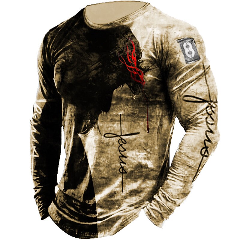 Men's Animal Templar Cross Graphic Prints T Shirt Distressed T Shirt Long Sleeve T shirt 3D Print Crew Neck Shirt Vintage Designer Lightweight Outdoor Daily Holiday Yellow Red Blue Spring &  Fall3