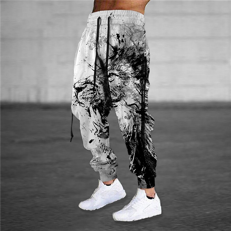 Christmas Joggers Painting Ribbon Lion Mens Graphic Pants | Casual Daily Grey Cotton Blend | Graffiti | Sweatpants Trousers Drawstring Elastic Waist Prints Comfort Breathable Sports Outdoor