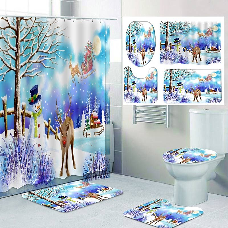 Christmas Snowy Pattern Printing Bathroom Shower Curtain Leisure Toilet Four-Piece Design4