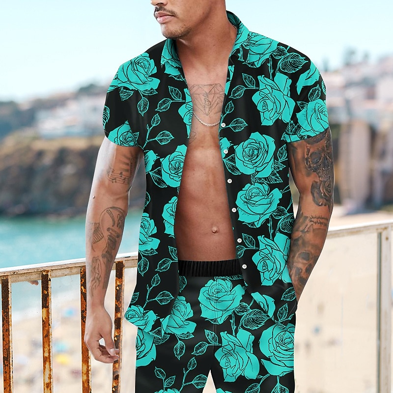 Men's Floral Rose 2pcs Shirts Sets Summer Hawaiian Shirt Short Sleeve Short Pants Turndown Fashion Hawaiian Designer Outdoor Vacation Beach 3D Print Button-Down Summer Spring Yellow Red Purple3