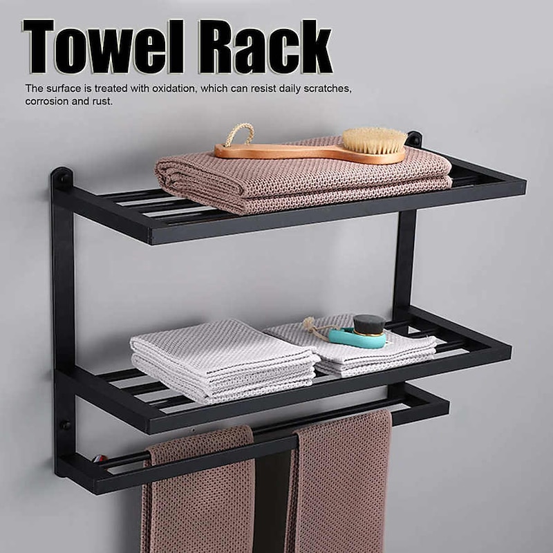 Aluminum Towel Rack for Bathroom,3-Layer Wall Mounted Towel Bar Towel Rail Towel Holder Bathroom Hardware Storage 60cm(Black/Silver/Gun Grey)