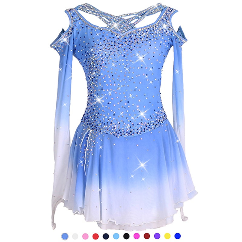 Figure Skating Dress Women's Girls' Ice Skating Dress Outfits Black White Pink Patchwork Asymmetric Hem Mesh Spandex High Elasticity Training Practice Competition Skating Wear Crystal / Rhinestone2