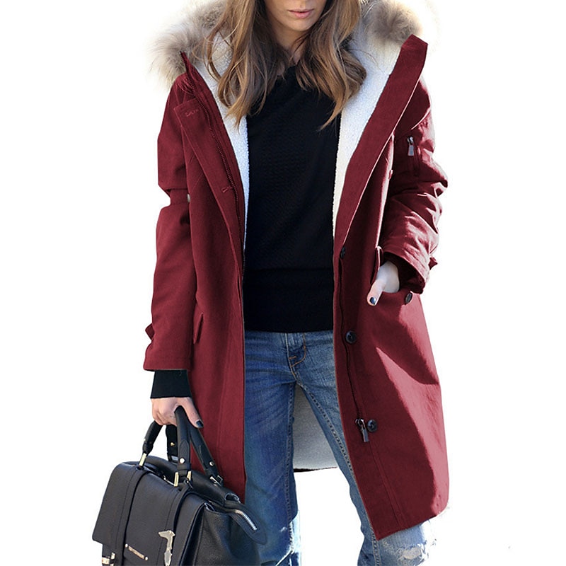 Women's Winter Coat Winter Jacket Parka Windproof Warm Zipper Pocket Fur Collar Fleece Lined Chic & Modern Casual Daily Street Style Solid Color Outdoor Vacation Valentine's Day Street Zipper Long3