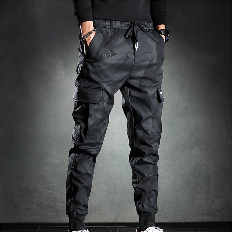 Men's Cargo Pants Cargo Trousers Trousers Cropped Pants Casual Pants Drawstring Elastic Waist Camouflage Comfort Breathable Casual Daily Streetwear Sports Fashion Black Micro-elastic3