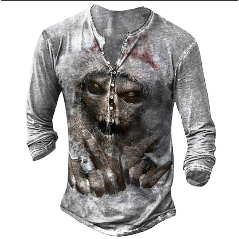 Men's Halloween Graphic Skull T Shirt Henley Shirt Tee Long Sleeve 3D Print Designer Basic Classic Outdoor Daily Sports Spring &  Fall Black White Yellow Brown Gray Henley Henley T-Shirt4